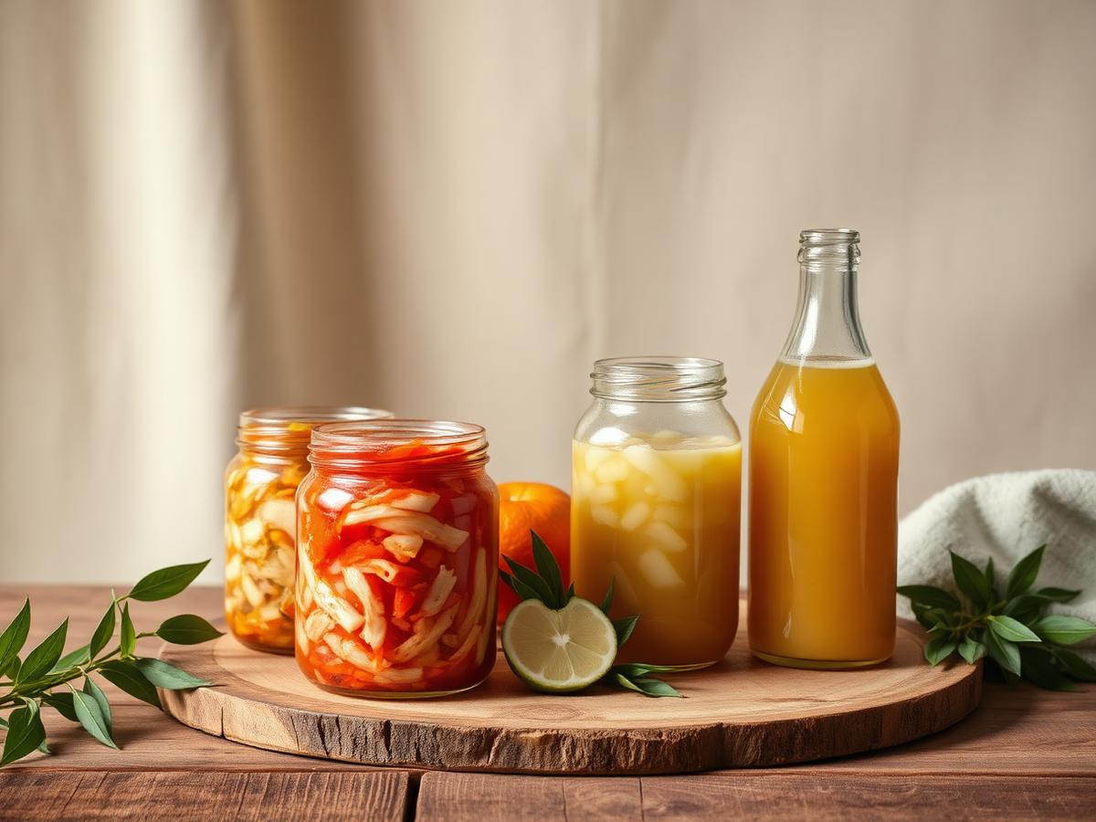Jars of sauerkraut, kimchi and kombucha on a wooden board