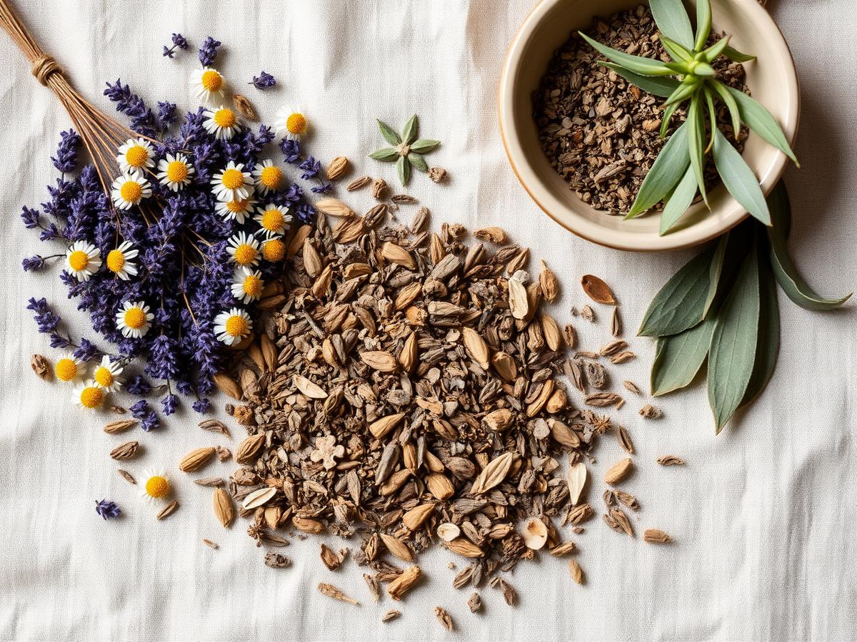 Dried chamomile, lavender and sage on cream linen