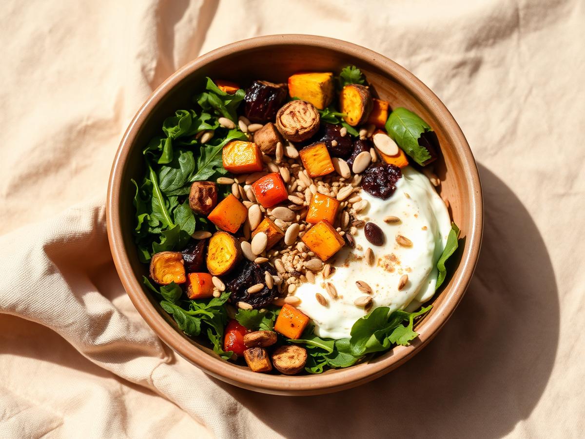 Gluten-free protein bowl with greens, seeds and roasted vegetables